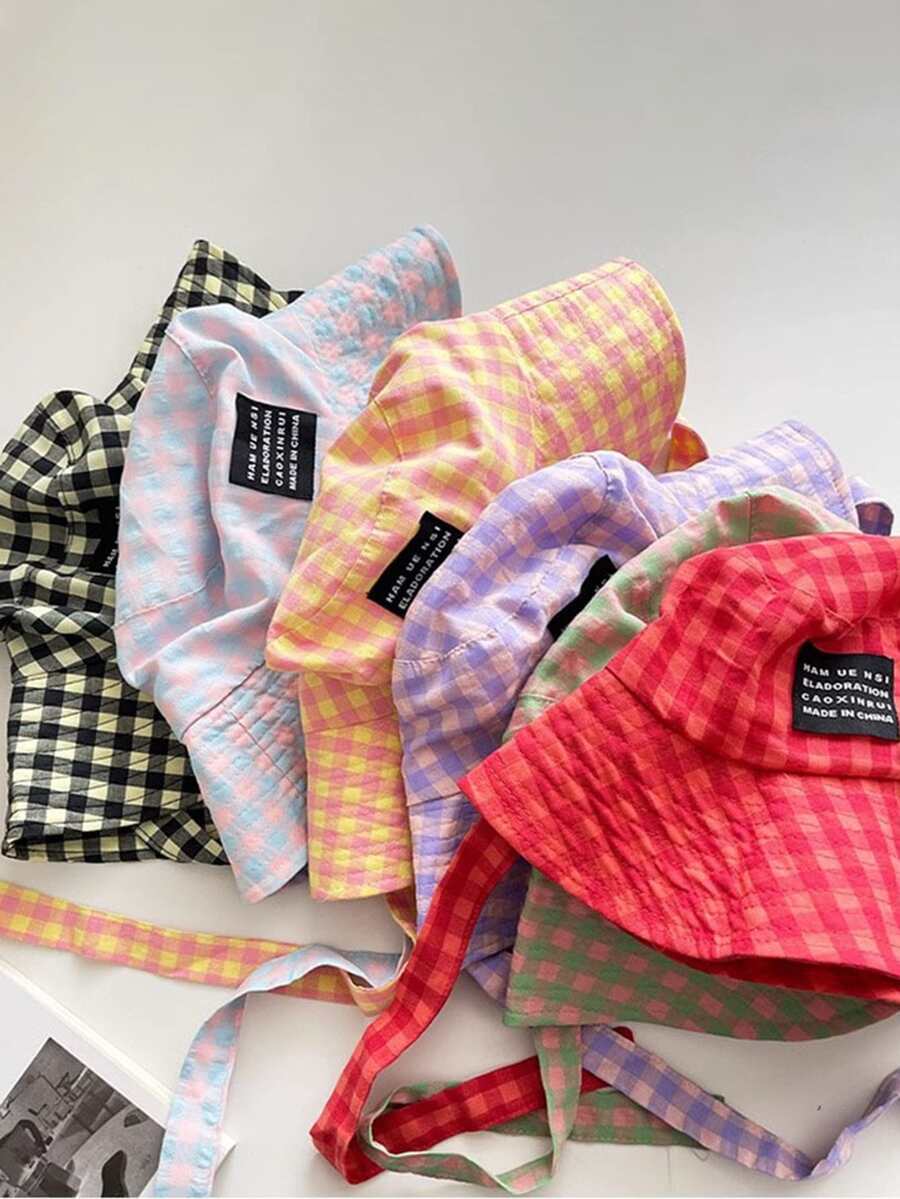 1 peça Vintage Check Pattern Applique Contraste Cor Cordão Aba Chapéu Bucket, Boho Vacay Primavera/Verão Chapéu de Sol, Brilhante Monocromático Look Amarrado Chapéu de Proteção Solar, Adequado para Diário Ao Ar Livre, Viagens de Lazer e Férias
