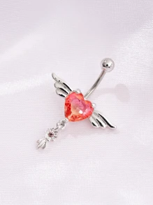 2025 Latest Zinc Alloy Heart-Shaped Angel Wing Pendant Stainless Steel Zirconia Navel Piercing Jewelry, To Match Red Customer