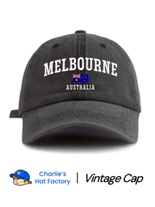 1 Pc MELBOURNE AUSTRALIA Print Washed Baseball Cap, Classic Stylish Soft Sweatband Adjustable Size Lightweight Sun Protection Versatile Classic Cap, Suitable For Outdoor Sports Daily Wear Party Vacation Perfect Gift For Friends And Family