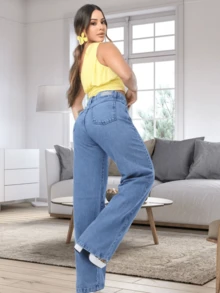 1pc Mujer Moda Cintura Alta Jeans Denim, Estilo Casual, Color Sólido, Tejido Elástico, Ajuste Suelto, Pantalones Largos de Pierna Ancha con Cremallera Incorporada, Sin Cinturón, Adecuado para Todas las Estaciones - azul real - Ver 5