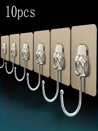 10pcs Stainless Steel Wall Mounted Hooks, Reusable For Bathroom & Kitchen Towel/Bathrobe Hanging, Seamless, Waterproof, Oil-Resistant, Easy Installation, Brushed Surface, Suitable For Bathroom & Kitchen, Clothes & Shower Utility Hooks, Bathroom Accessories