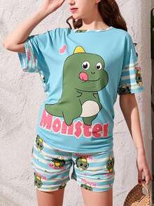 Conjunto de pijama de cuatro piezas para mujer estilo lindo Un regalo perfecto para el Día de la Madre. - Azul - Ver 6