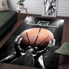 1 pieza Alfombra con diseño de patrón de baloncesto, alfombra de arte moderno, fibra de poliéster, base antideslizante, lavable a máquina, uso versátil interior/exterior, decoración del hogar para sala de estar, dormitorio, comedor, camping