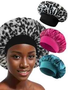 3件装女士缎面豹纹时尚高弹宽檐圆帽，别致睡帽，护发头巾，日常居家睡眠帽 - 水母型 - 查看 4