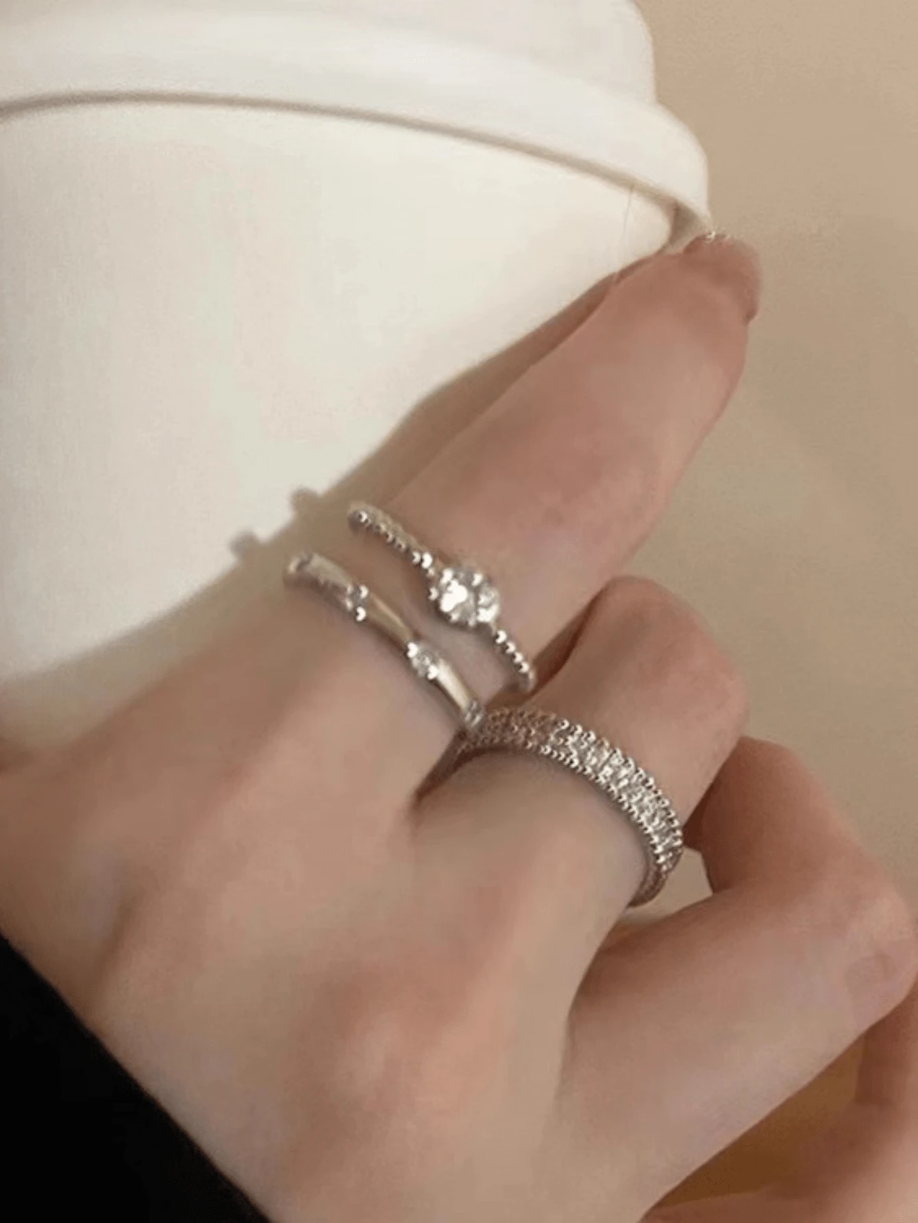 3 件套简约锆石金属开口戒指套装，女性小众设计高端简约休闲日常指环