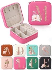 1pc Caixa de joias rosa com flores rosas, caixa de joias de viagem da moda com letras de ouro rosa, caixa de joias de viagem de presente personalizada, presentes de aniversário para mulheres, presentes de Natal para meninas adolescentes, iniciais, caixa de joias de viagem A-Z