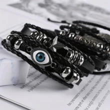 5pcs DIY Weaving Set Leather Skeleton Bead Punk Style Bracelet - Black - View 5