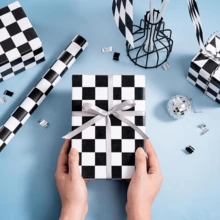 1pc Checkered Flag Wrapping Paper Roll, Mini Roll 17 Inch X 33 Feet, Checkered Color Paper Gift Wrapping Paper, Racing Wrapping Paper, Birthday Car Wrapping Paper, Suitable For Racing Party, Birthday Party, Mini Roll,Valentine's Day - Black and White - View 4