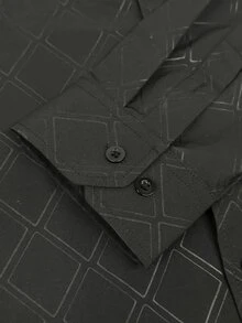 Men's Fashion Casual Business Commuter Stand Collar Solid Color Button-Up Long Sleeve Shirt, Men's Formal Slim-Fit Shirt, Men's Solid Color Argyle Jacquard Shirt. Suitable For Daily Wear, Work Commute, Outings, Gatherings, Can Be Paired With Suit Pants Or Suits To Attend Parties, Weddings, Honeymoons. Can Be Given As A Gift To Sons, Husbands, Boyfriends, Fathers, For Fall - Black - View 5