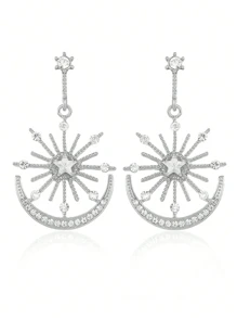 1pc Minimalist Bohemian Summer Fashion Sun Goddess, Star & Moon Rhinestone Decor Long Drop Earrings, Lady Earrings Suitable For Daily Wear