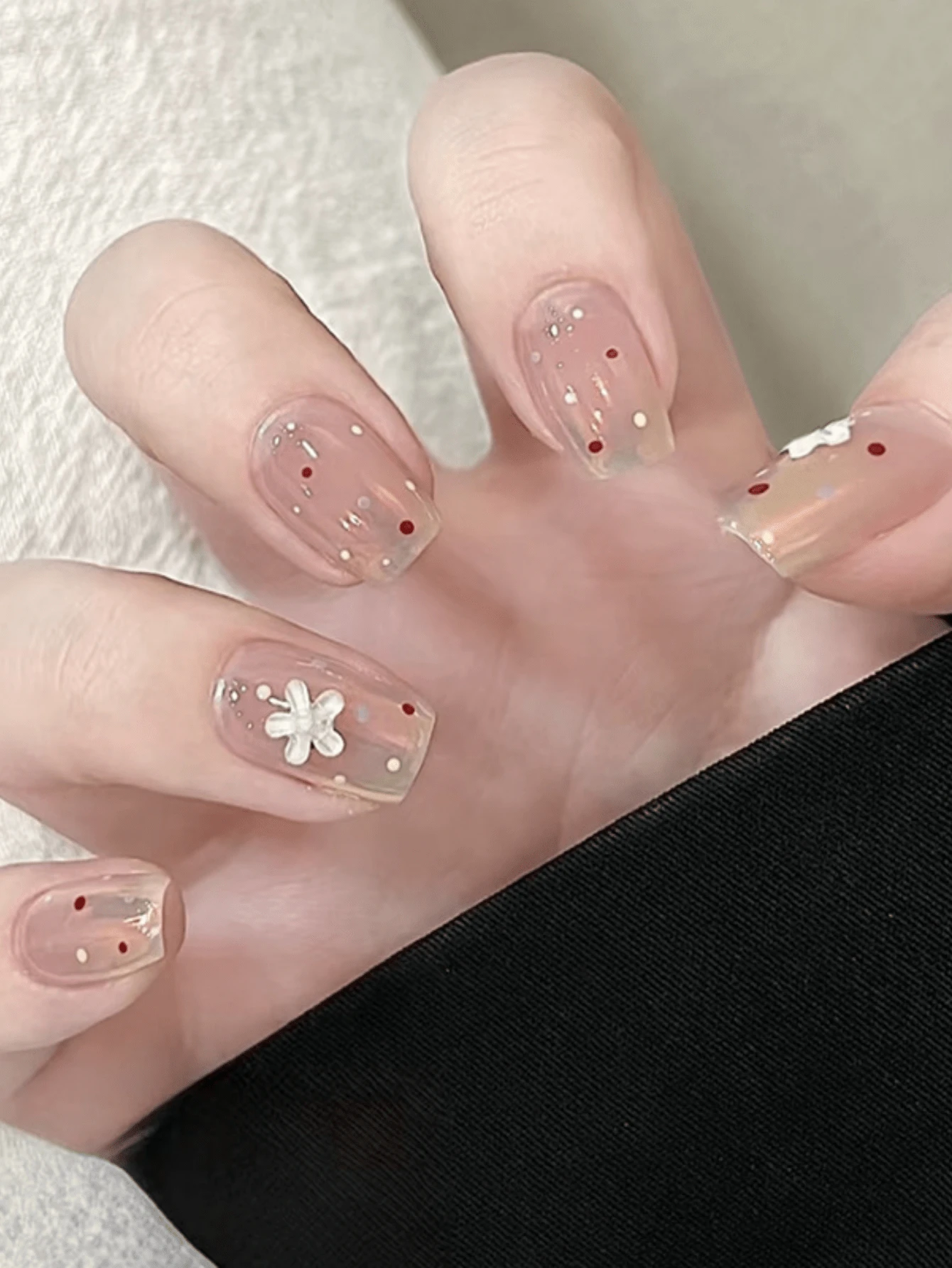 30pcs Fake Nails + 1 Bottle Jelly Gel + 1 Nail File, Spring Polka Dot Flower Armor Pattern, White Cat Eye Painting, Sweet Girl Style, Removable Manicure Set (30pcs) - Baby Pink - View 1