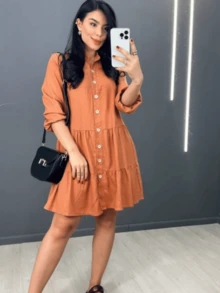 Short Dress With 3/4 Sleeves And Buttons In Linen - Smooth Caramel - View 1