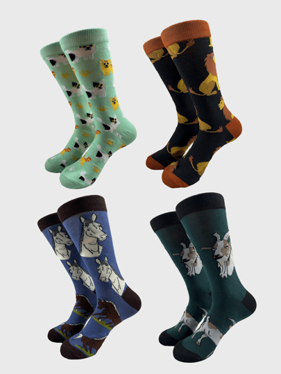 1 Pair/4 Pairs European & American Style Novelty Cat, Lion, Goat, Horse Animal Print Men's Crew Socks, Fall