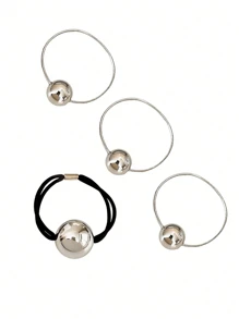 Set de 4 gomas de pelo elásticas con bola plateada brillante, accesorios simples y elegantes para cola de caballo al estilo coreano, decoración para el cabello en eventos formales, ornamento de cabello casual con estilo princesa para mujeres y niñas, regalo y accesorio para fotos