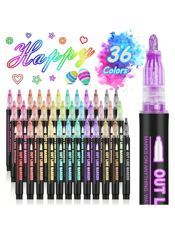 Marcador permanente de doble línea, set de marcadores con purpurina en olas de 8/12/24/36/48 colores, marcadores metálicos autocontorneados para arte, pintura, grafiti, elaboración de tarjetas, tarjetas navideñas, manualidades DIY, papelería de vuelta a clases