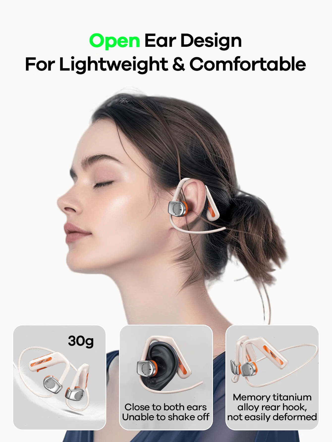 开放式无线耳挂运动耳机，骨传导，耳挂式；IPX6级防水专业运动耳机，13小时续航，ENC降噪；适合骑行、跑步、健身等运动，黑色/米色 - 彩色 - 查看 1