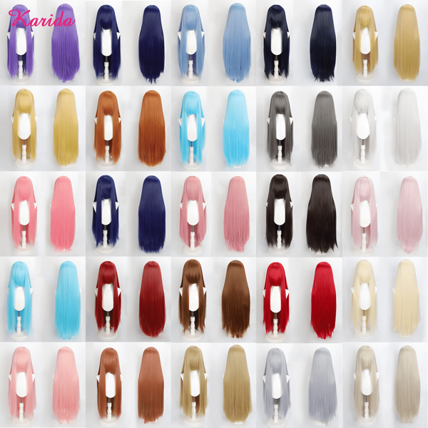 Karida Peluca de cosplay larga de fibra sintética con flequillo - Peluca de cosplay universal con capas rectas para vestido de fantasía, resistente al calor, de alta densidad y apariencia natural, de 35 pulgadas/90 cm de largo extra, para mujer, en colores verde, naranja, rosa, azul, negro sintético resistente al calor para fiestas, Halloween, Navidad