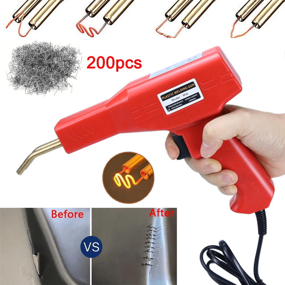 Pistola di saldatura in plastica portatile, set di saldatura con 200 chiodi per saldatura, adatto per riparare crepe in portiere di automobili, kit di attrezzi per saldare adesivi, macchina per saldatura con spina europea (rosso/nero/giallo)