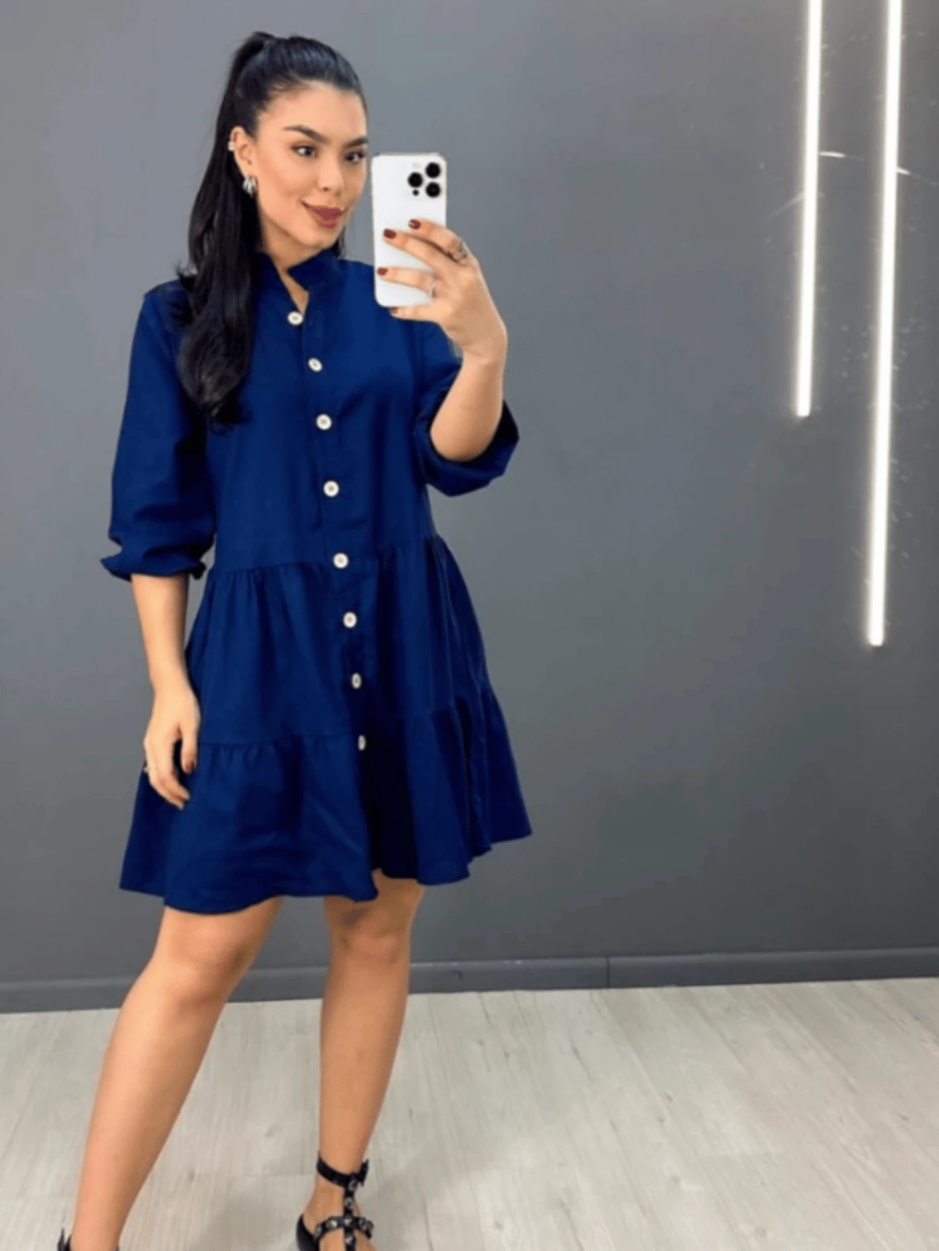 Short Dress With 3/4 Sleeves And Buttons In Linen - Plain Navy Blue - View 1