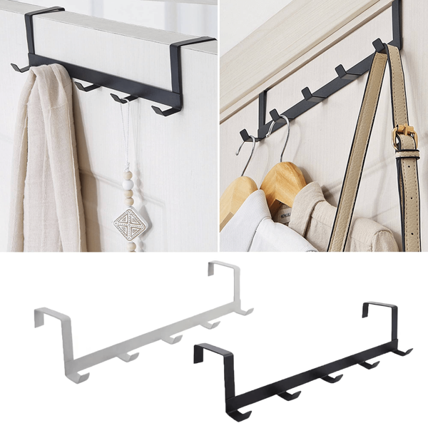 1 Portasciugamani/abiti appendibile alla porta con finitura nera/bianca, organizer porta elegante con 5 ganci per vestiti, asciugamani e borse, senza montaggio richiesto, in metallo per extra storage, pratico e funzionale sistema di ganci porta, facile e veloce da installare e rimuovere, ideale per camera da letto, bagno o ingresso.