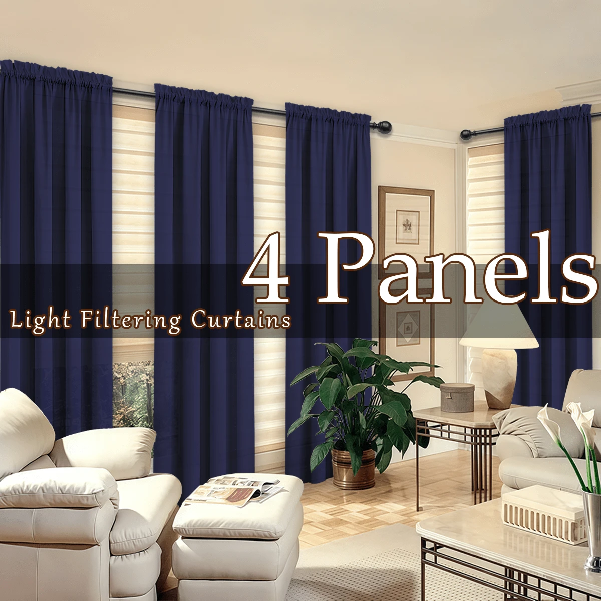 4 Panels Elegant Rod Pocket Curtains For Bedroom, Decor Privacy Light Filtering Indoor Drapes Curtains For Living Room, Office, Dining Room - Màu xanh hải quân - Xem 1