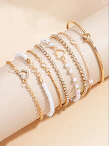 Conjunto de 12 piezas/6 piezas de pulseras superpuestas con diseño de corazón hueco de perlas falsas elegantes, joyería de moda para niñas, apropiado para uso diario en verano