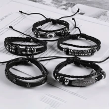 5pcs DIY Weaving Set Leather Skeleton Bead Punk Style Bracelet - Black - View 6