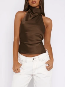 Sedessea WOWDARK Women's Fashionable Sexy Satin Backless Blouse, Autumn - Brown - View 5