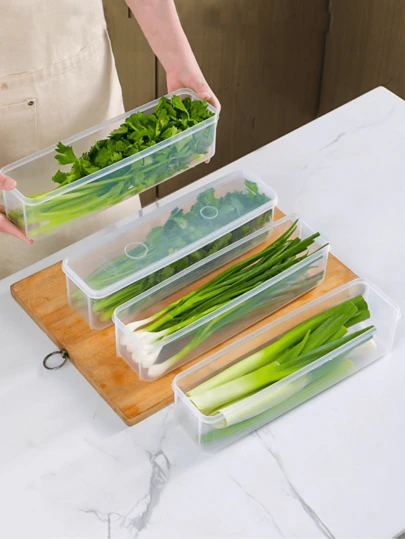 1/3 件香菜/葱储物盒，透明长蔬菜储物容器带盖，节省空间的冰箱保鲜容器，加厚面条/鸡蛋收纳盒，香菜，芹菜，冰箱和食品储藏室密封食品保鲜盒，可堆叠设计。，感恩节礼物，丰收节，家庭晚餐