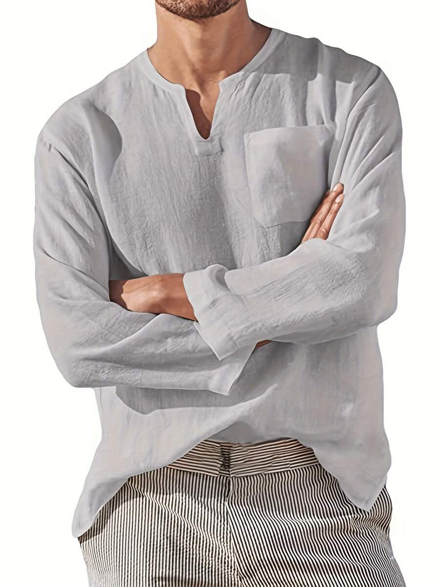 hoteel Men's Linen Beach Tee Shirts Long Sleeve V Neck Casual Shirt Collarless Solid Plain Shirts Breathable Yoga Tops - Xám - Xem 1