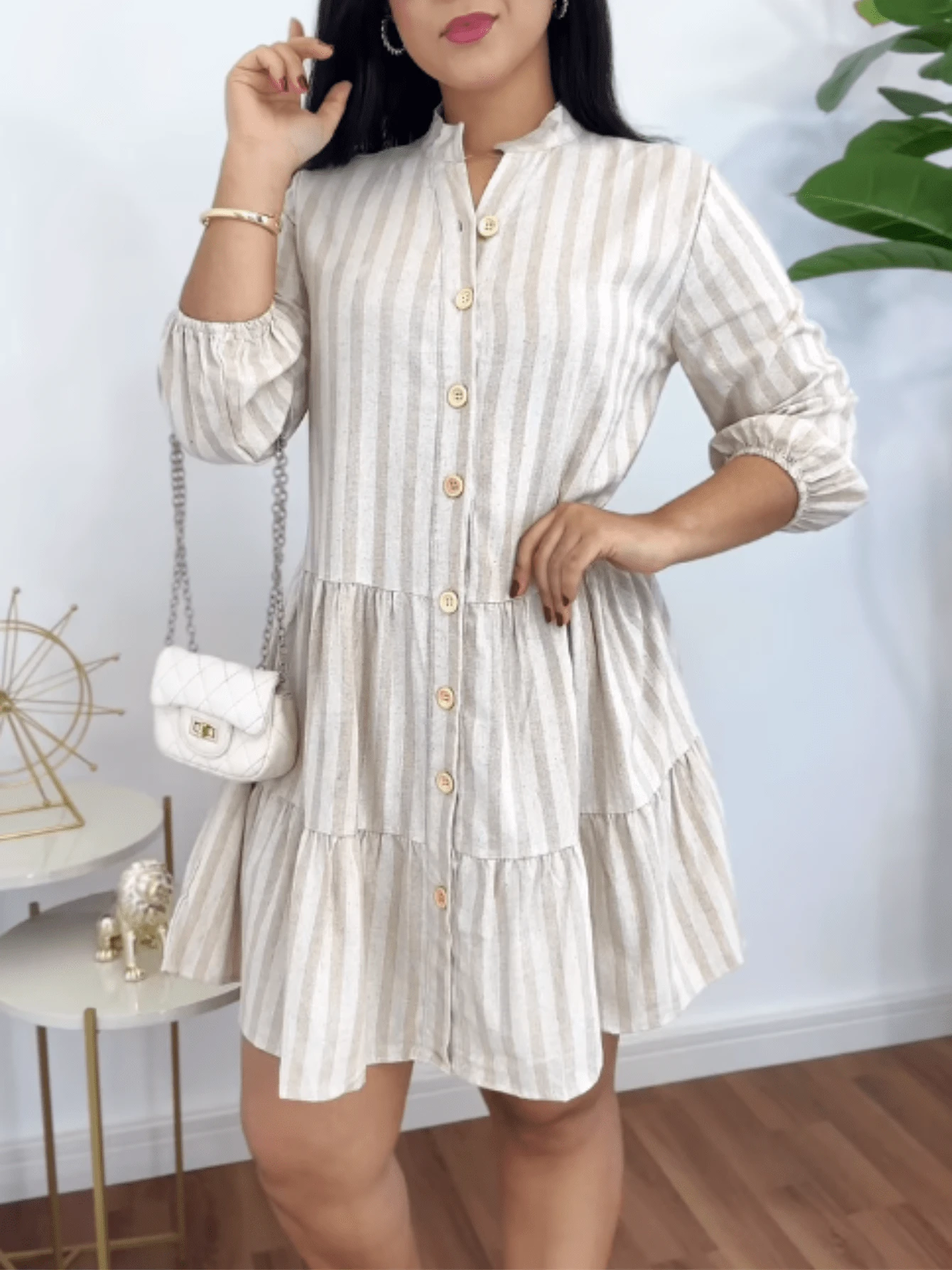 Short Long Sleeve Button Up Dress - Beige Striped - View 1