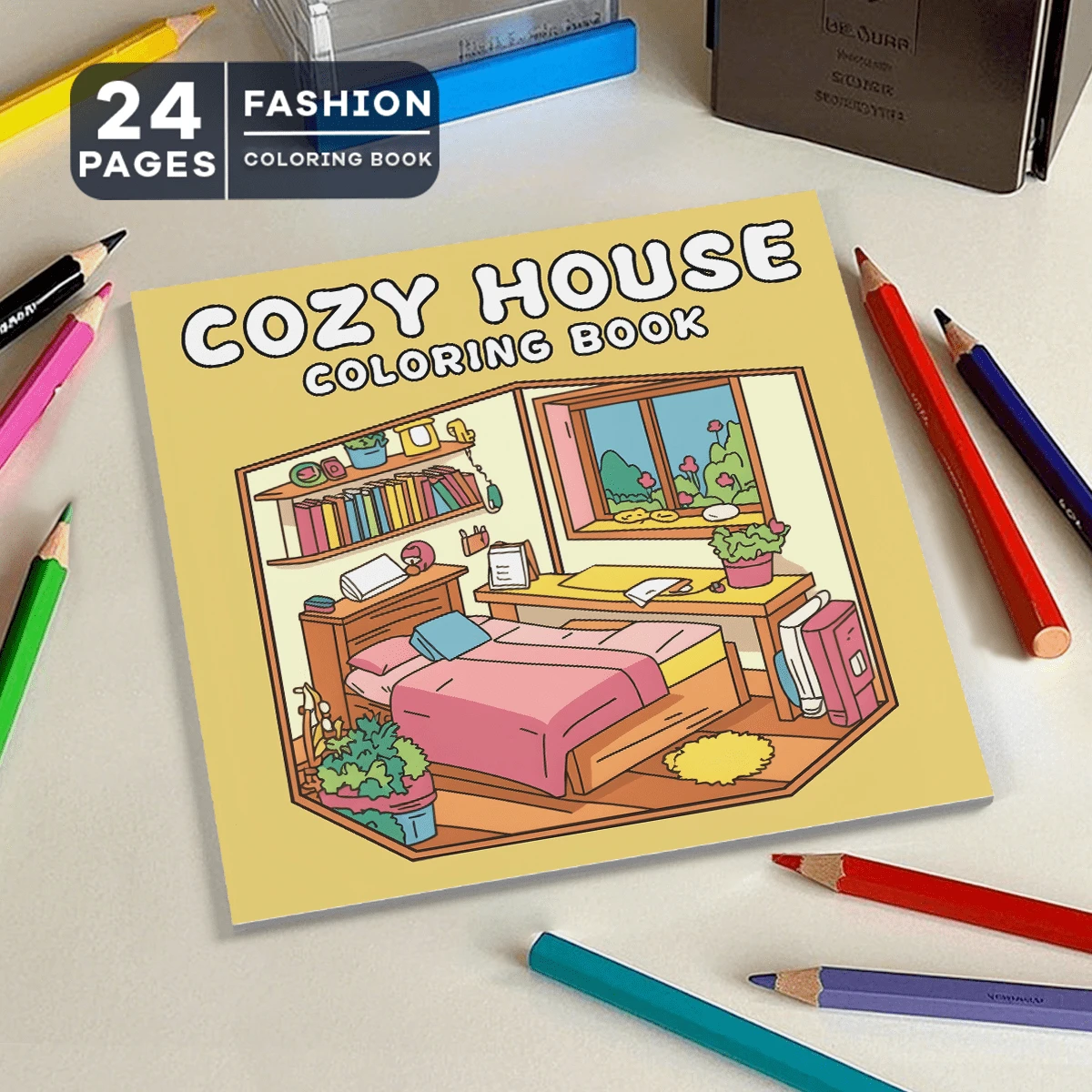 GDTME 1 本，2025 新版成人减压涂色书，以舒适的房屋为主题，7.9 * 7.9 英寸，24 页，单面印刷，图案精美，线条清晰，适合作为生日、复活节、父亲节和其他节日派对礼物，放松的好方法，母亲节，妈妈的礼物，返校，学校用品 - 彩色 - 查看 1