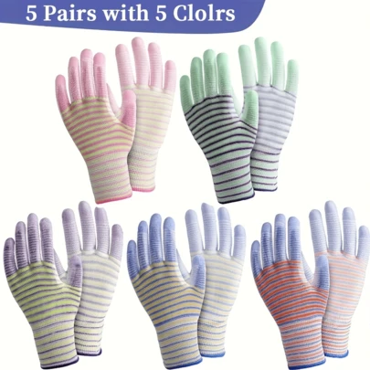 5双透气园艺手套 - 防滑设计，耐磨，抗疲劳工作手套，适用于挖掘、种植和除草