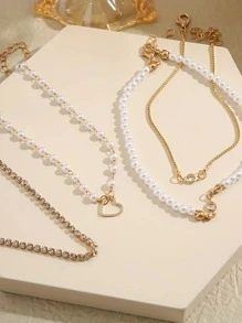 Conjunto de 12 piezas/6 piezas de pulseras superpuestas con diseño de corazón hueco de perlas falsas elegantes, joyería de moda para niñas, apropiado para uso diario en verano