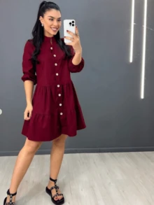 Striped 3/4 Sleeve Dress With Button In Linen - Smooth Wine - View 1