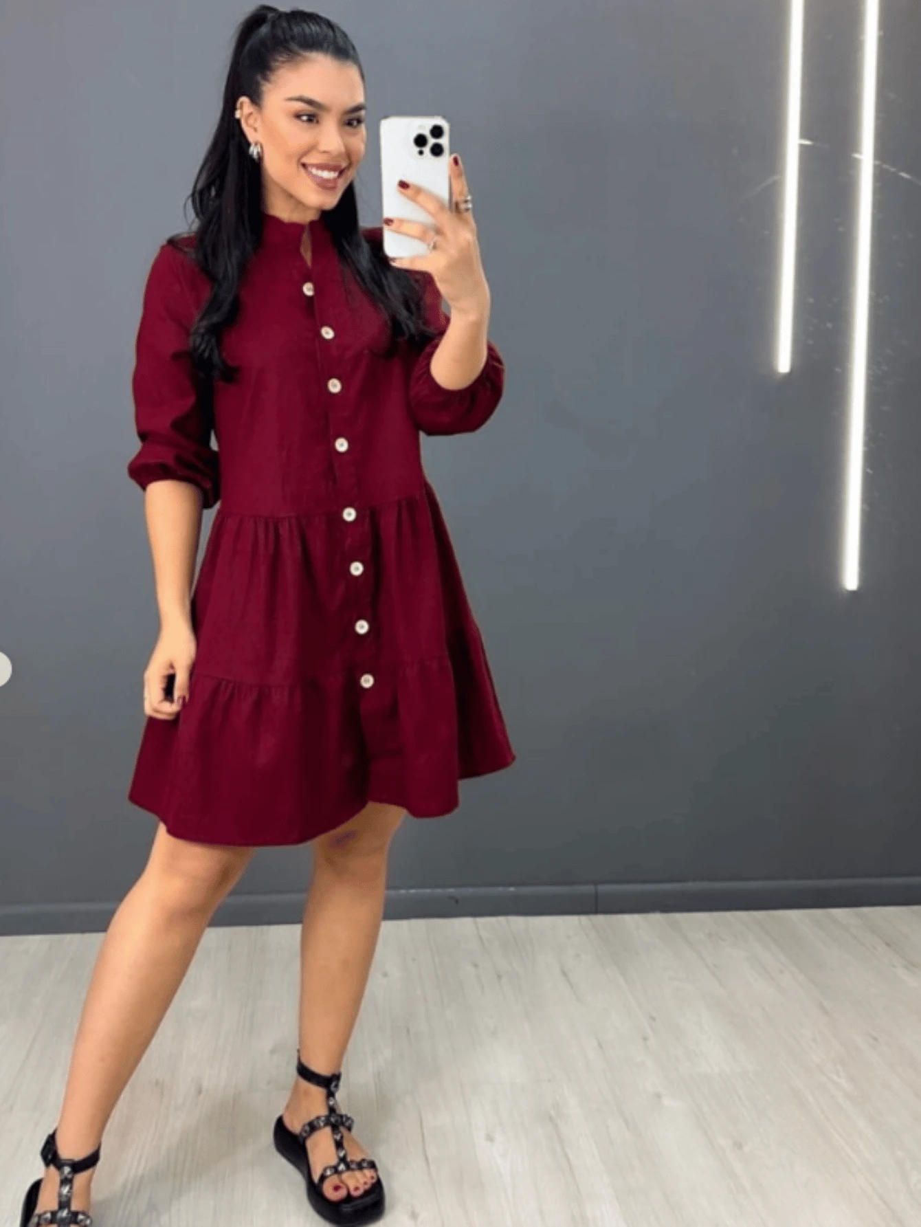Striped 3/4 Sleeve Dress With Button In Linen - Smooth Wine - View 1