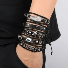 5pcs DIY Weaving Set Leather Skeleton Bead Punk Style Bracelet - Black - View 2