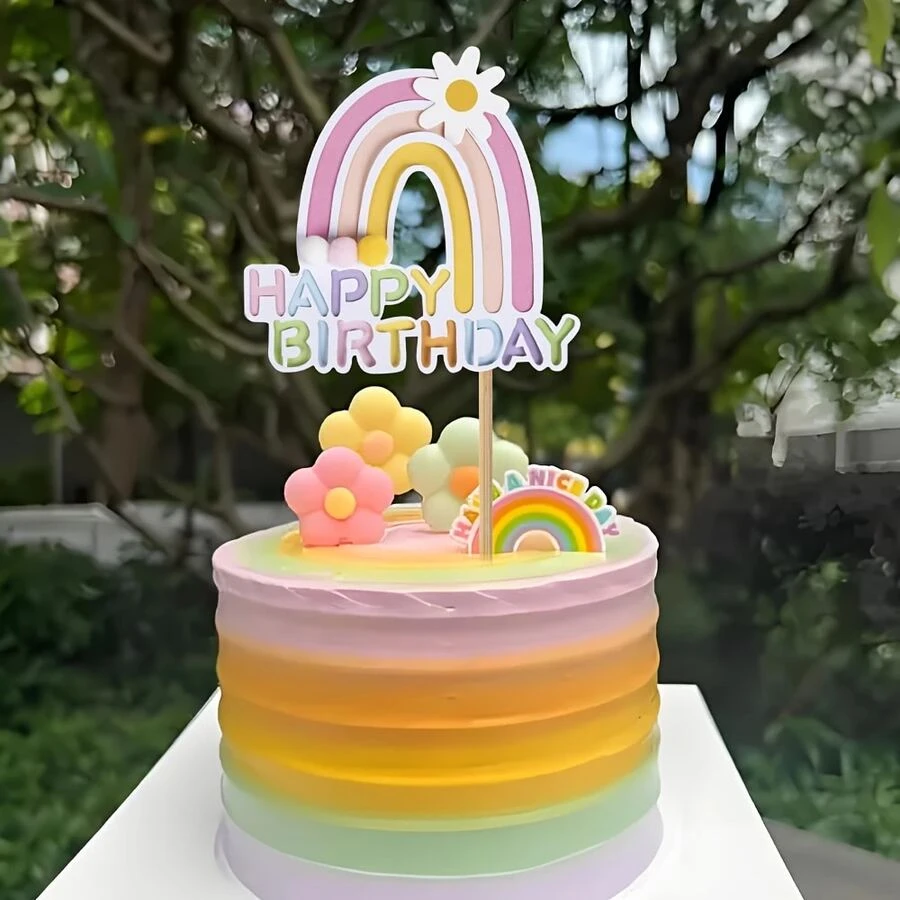 2 包彩虹生日快乐蛋糕装饰物、婚礼纸质蛋糕装饰用品、纸杯蛋糕套装、非电动、无羽毛烘焙装饰。 - 彩色 - 查看 1