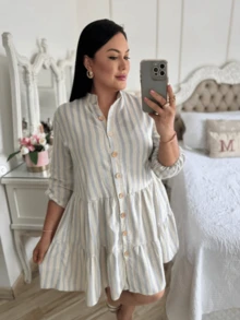 Striped 3/4 Sleeve Dress With Button In Linen - rayas azules - Ver 1