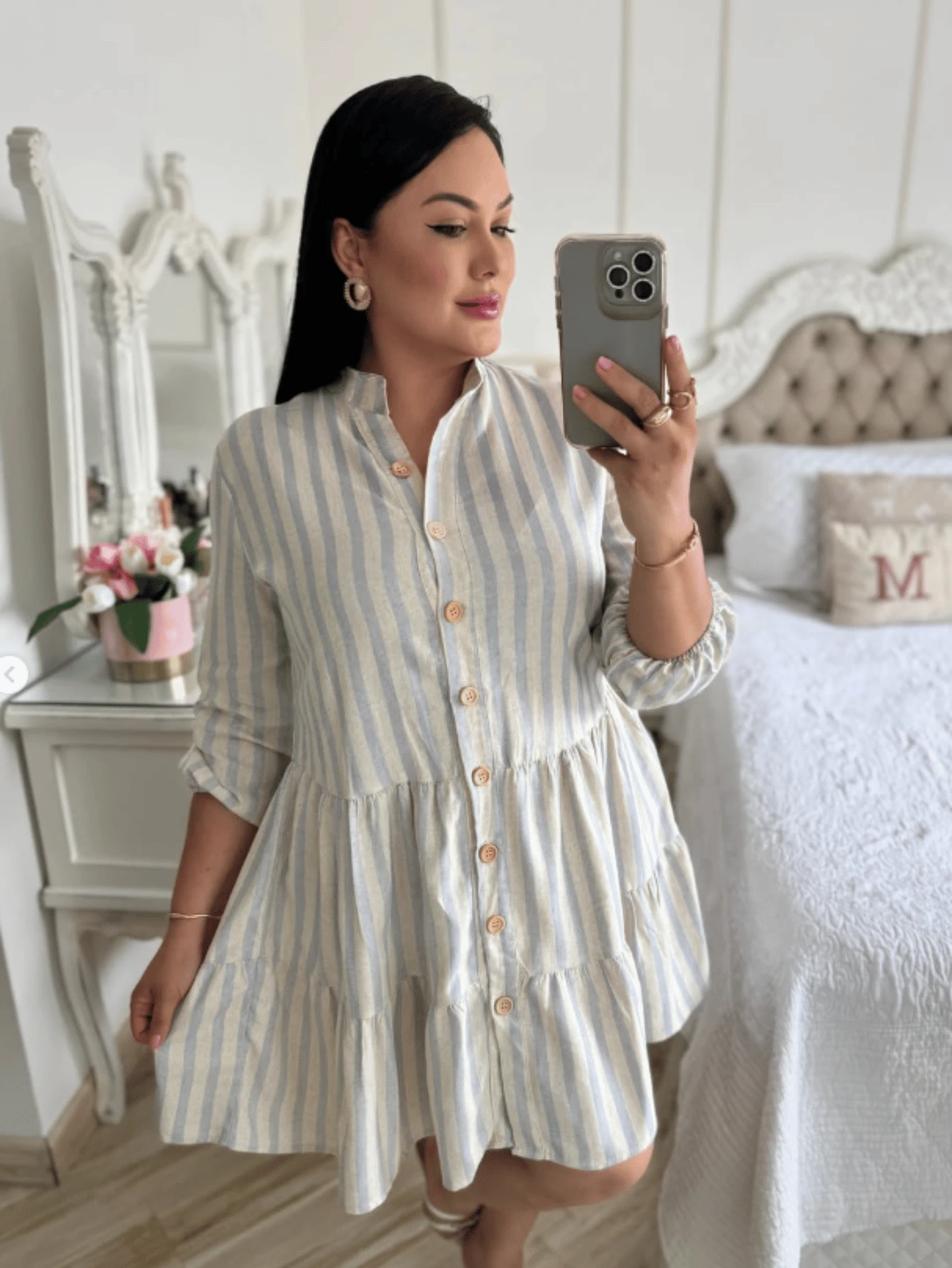 Striped 3/4 Sleeve Dress With Button In Linen - rayas azules - Ver 1
