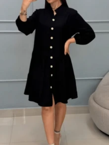 Short Long Sleeve Button Up Dress - Màu đen trơn - Xem 2