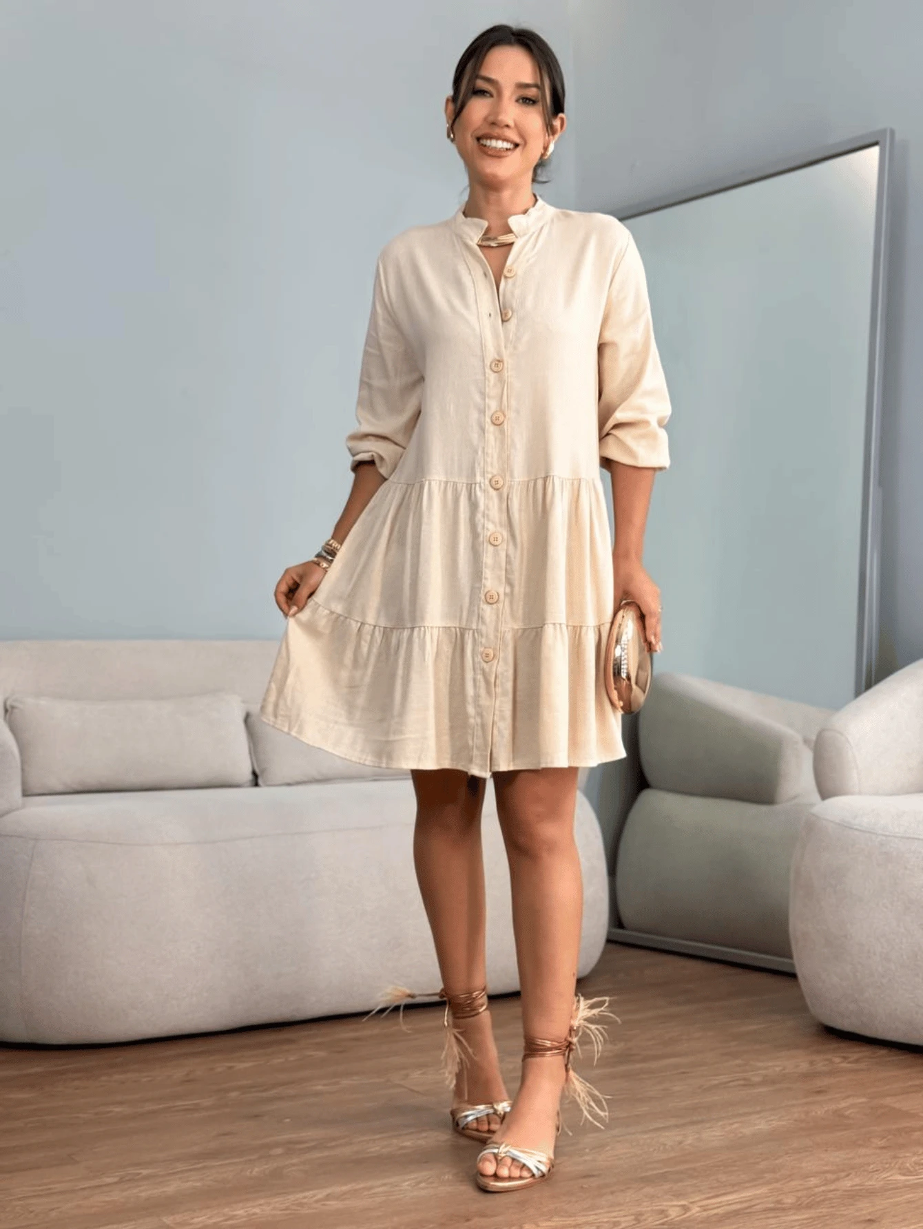 Striped 3/4 Sleeve Dress With Button In Linen - Desnudo liso - Ver 1