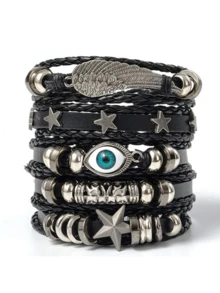 5pcs DIY Weaving Set Leather Skeleton Bead Punk Style Bracelet - Black - View 11