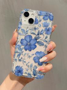 Flower Phone Case 1pc Airbag Blue Floral Pattern Full-Coverage Shockproof TPU Phone Case Compatible With Apple 16, 15, 14, 13, 12, 11 Pro Max And Series Waterproof Anti-Fall Scratch Resistant - Multicolor - View 2