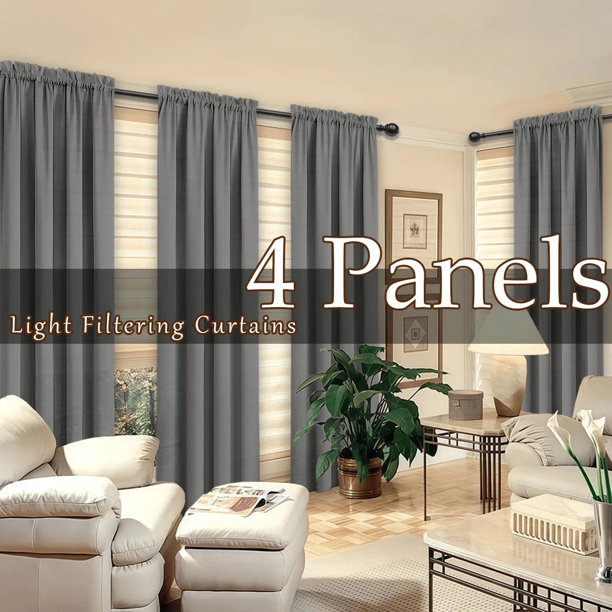 4 Panels Elegant Rod Pocket Curtains For Bedroom, Decor Privacy Light Filtering Indoor Drapes Curtains For Living Room, Office, Dining Room - Xám - Xem 1