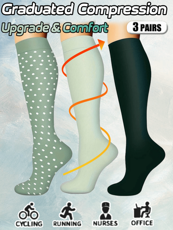 3 Pairs Copper-Infused Compression Socks For Women & Men - Soft Knee-High Fit For Maternity, Running & Daily Comfort - Breathable Gold Accent Design