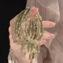 1個新中式輕奢橄欖綠翡翠綠竹手鐲/竹蘭花手鐲/竹葉珠鏈 - 綠色 - 查看 3