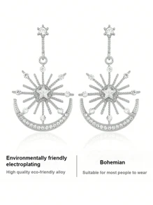 1pc Minimalist Bohemian Summer Fashion Sun Goddess, Star & Moon Rhinestone Decor Long Drop Earrings, Lady Earrings Suitable For Daily Wear