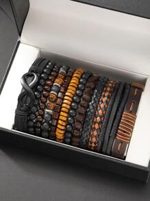 Set de 12 piezas de pulseras de PU con cuentas de estilo vintage casual para hombre, adecuadas para uso diario, al aire libre, deportes, regalo de moda para novio