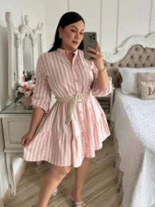 Striped 3/4 Sleeve Dress With Button In Linen - Rayas rosa bebé - Ver 2
